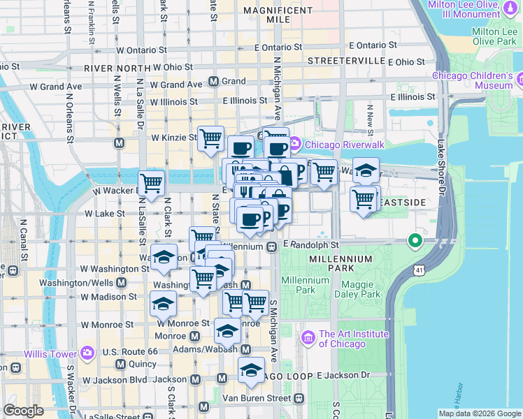 map of restaurants, bars, coffee shops, grocery stores, and more near 201 North Garland Court in Chicago