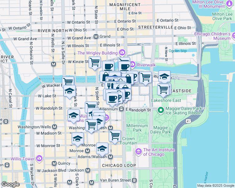 map of restaurants, bars, coffee shops, grocery stores, and more near 201 North Garland Court in Chicago