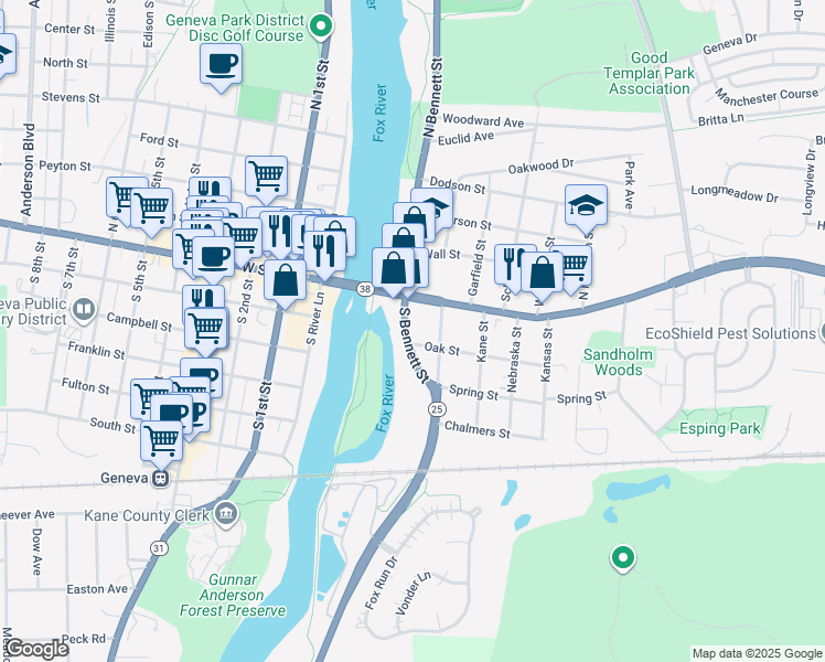 map of restaurants, bars, coffee shops, grocery stores, and more near 29 Illinois 25 in Geneva