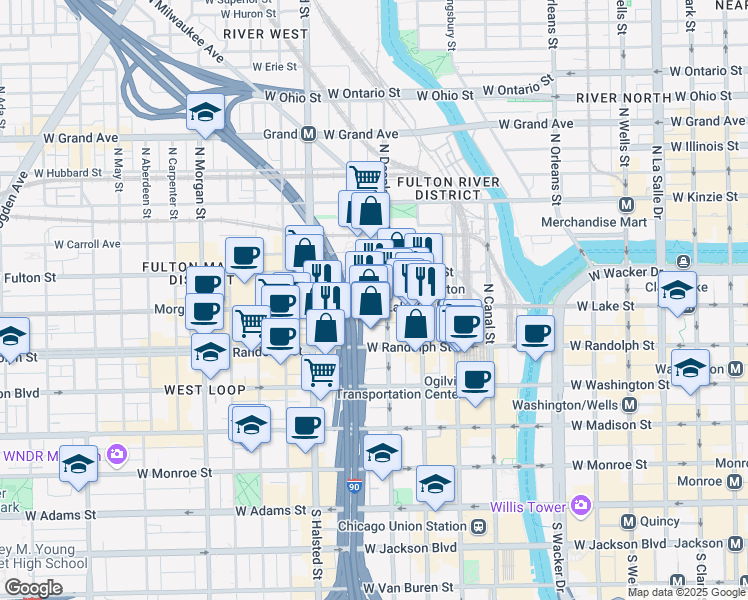 map of restaurants, bars, coffee shops, grocery stores, and more near 650 West Lake Street in Chicago