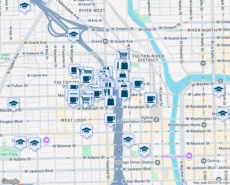 map of restaurants, bars, coffee shops, grocery stores, and more near 630 West Lake Street in Chicago
