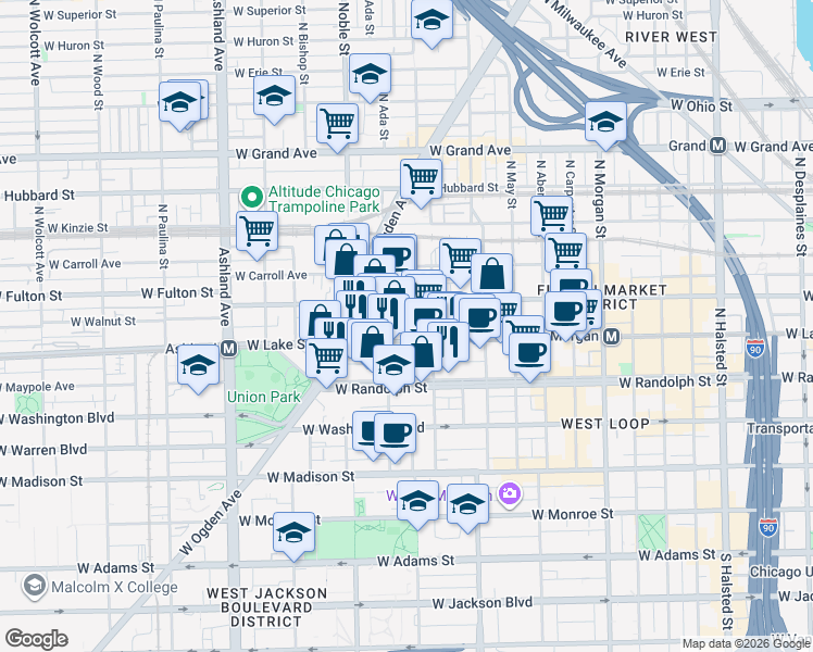 map of restaurants, bars, coffee shops, grocery stores, and more near 1326 West Lake Street in Chicago