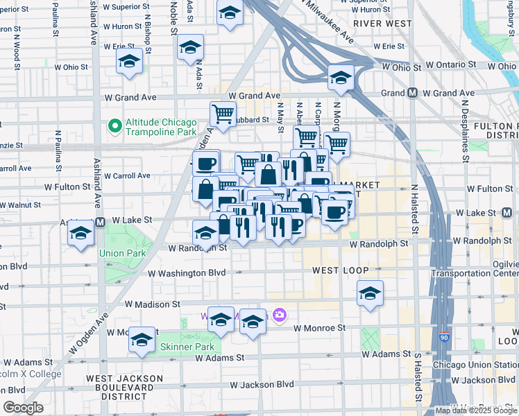 map of restaurants, bars, coffee shops, grocery stores, and more near 210 North Racine Avenue in Chicago