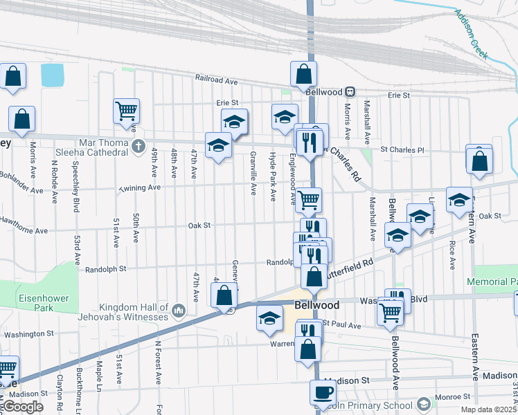 map of restaurants, bars, coffee shops, grocery stores, and more near 329 Granville Avenue in Bellwood