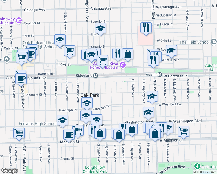map of restaurants, bars, coffee shops, grocery stores, and more near 127 South Harvey Avenue in Oak Park