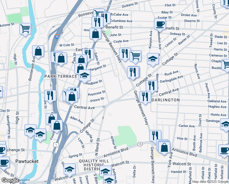map of restaurants, bars, coffee shops, grocery stores, and more near 37 Freight Street in Pawtucket