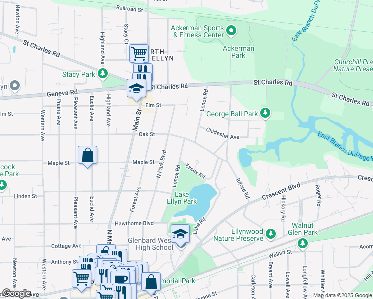 map of restaurants, bars, coffee shops, grocery stores, and more near 725 Lenox Road in Glen Ellyn