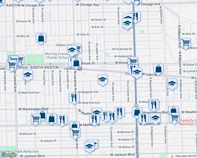 map of restaurants, bars, coffee shops, grocery stores, and more near 5026 West Fulton Street in Chicago