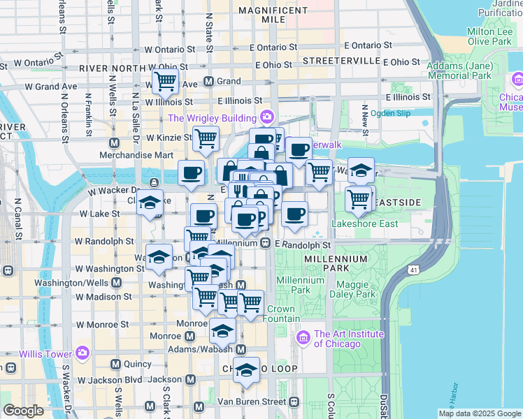 map of restaurants, bars, coffee shops, grocery stores, and more near 200 North Michigan Avenue in Chicago