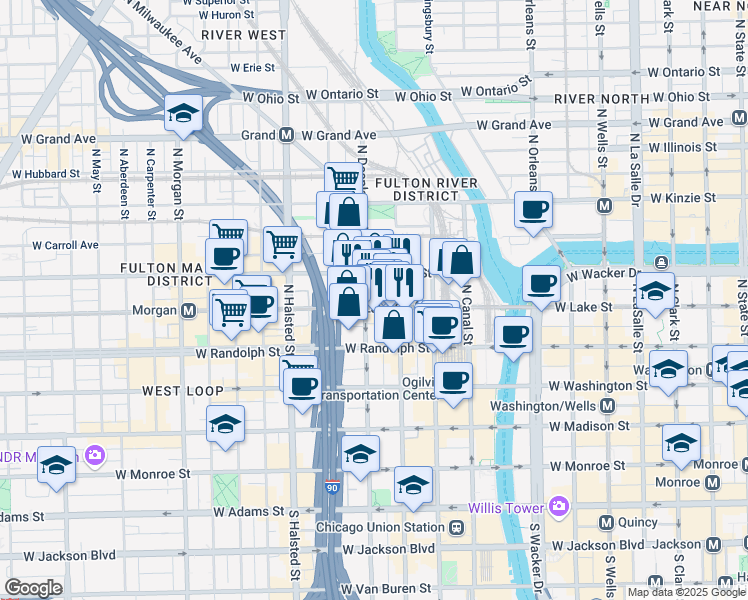 map of restaurants, bars, coffee shops, grocery stores, and more near 200 North Jefferson Street in Chicago