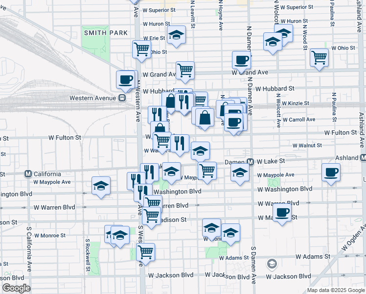 map of restaurants, bars, coffee shops, grocery stores, and more near 2226 West Walnut Street in Chicago