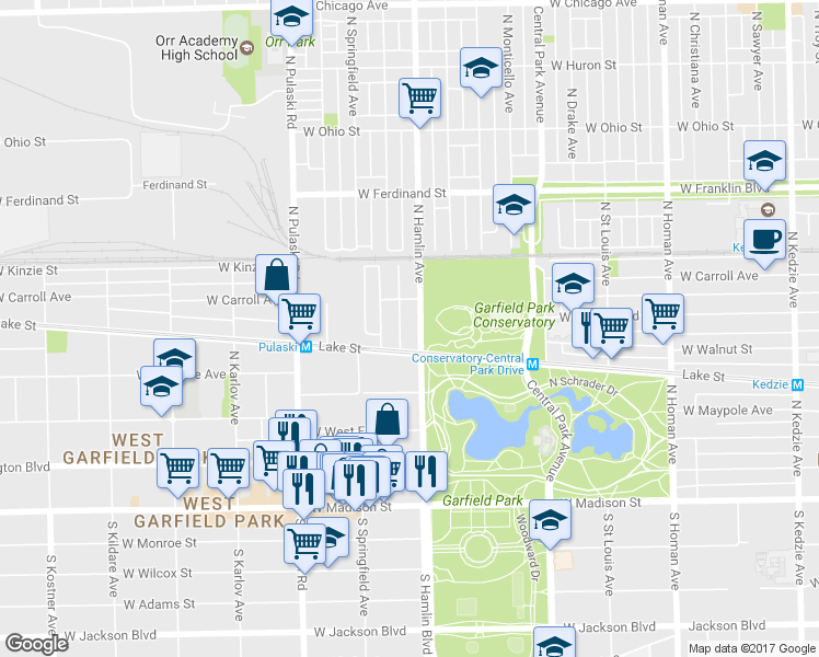 map of restaurants, bars, coffee shops, grocery stores, and more near 322 North Hamlin Avenue in Chicago