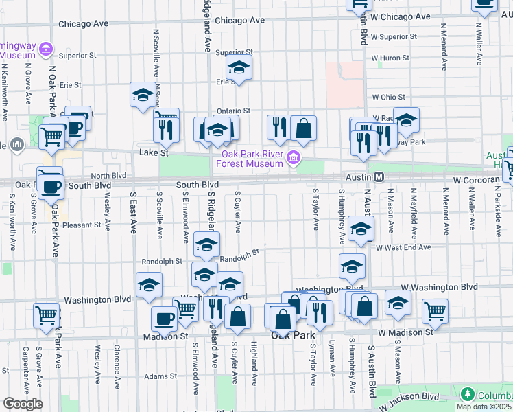 map of restaurants, bars, coffee shops, grocery stores, and more near 127 Harvey Avenue in Oak Park