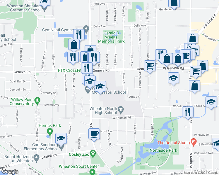 map of restaurants, bars, coffee shops, grocery stores, and more near 701 West Thomas Road in Wheaton