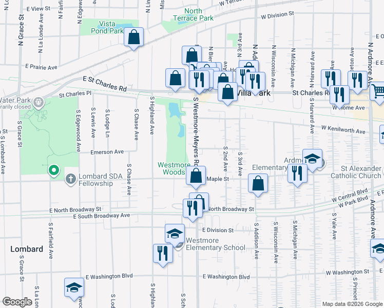 map of restaurants, bars, coffee shops, grocery stores, and more near 108 South Westmore-Meyers Road in Lombard