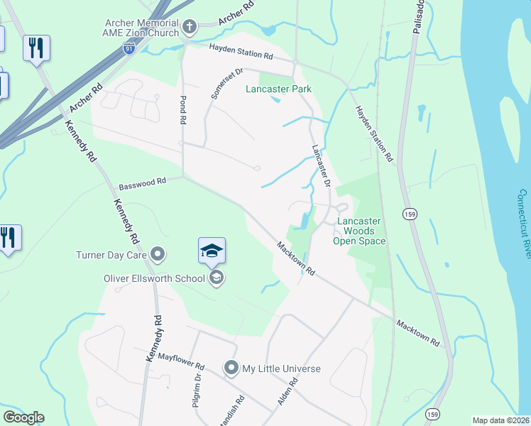 map of restaurants, bars, coffee shops, grocery stores, and more near 104 Basswood Road in Windsor