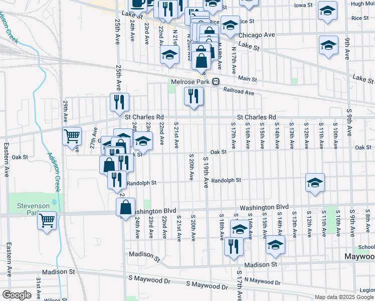 map of restaurants, bars, coffee shops, grocery stores, and more near 158 South 20th Avenue in Maywood