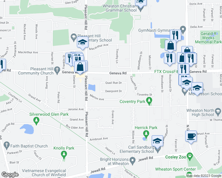 map of restaurants, bars, coffee shops, grocery stores, and more near 26W050 Deerpoint Drive in Wheaton