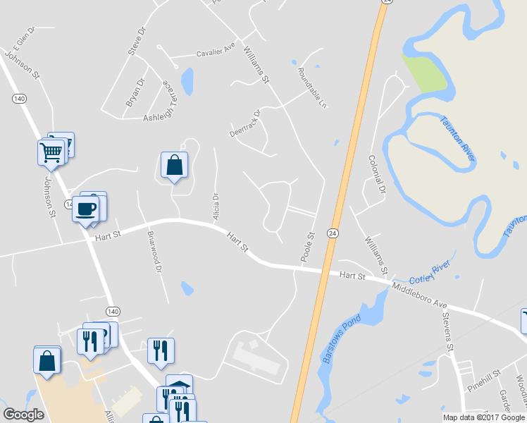 map of restaurants, bars, coffee shops, grocery stores, and more near 100 Indian Meadow Drive in Taunton