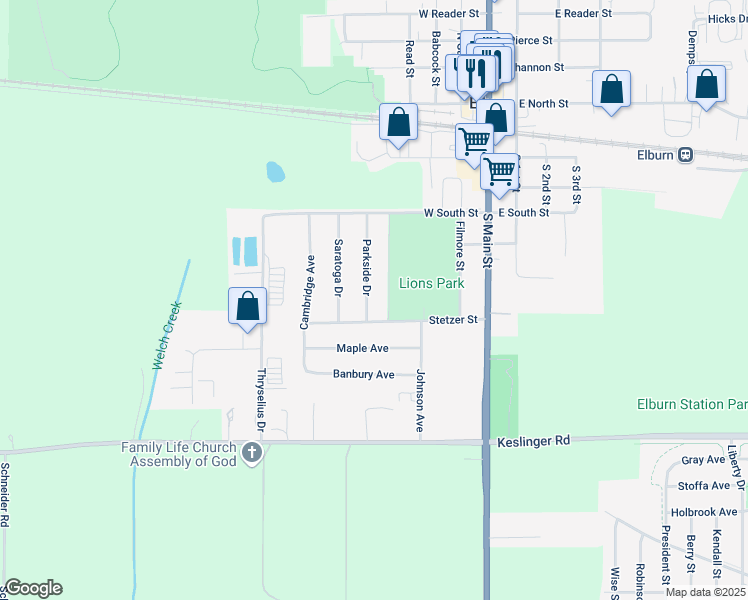 map of restaurants, bars, coffee shops, grocery stores, and more near 549 Parkside Drive in Elburn