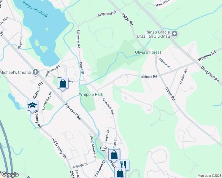 map of restaurants, bars, coffee shops, grocery stores, and more near 15 Whipple Road in Smithfield