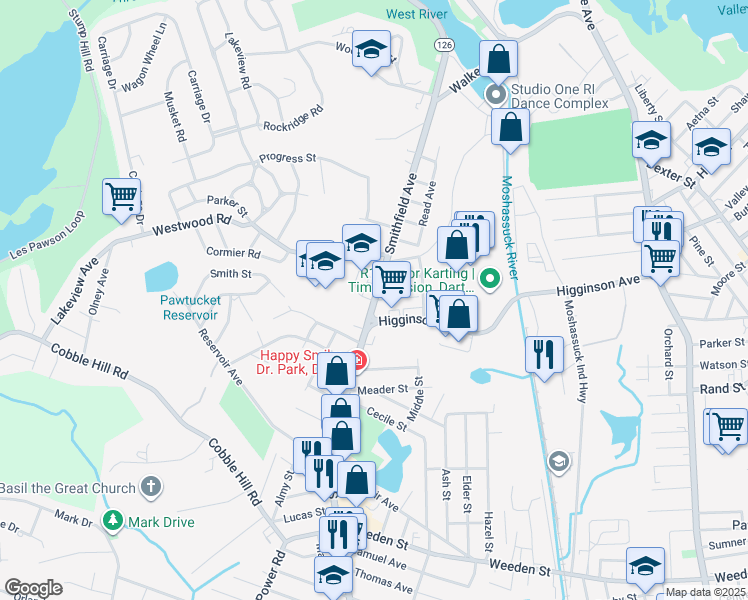 map of restaurants, bars, coffee shops, grocery stores, and more near Smithfield Avenue in Lincoln
