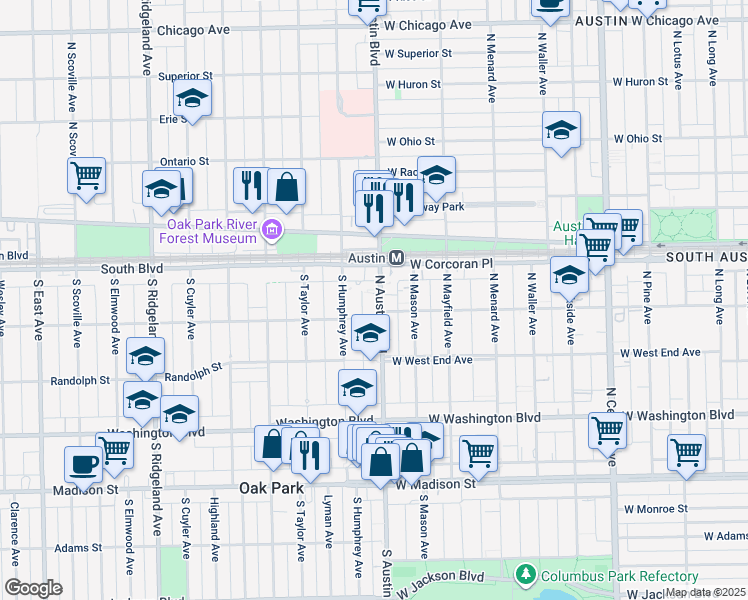 map of restaurants, bars, coffee shops, grocery stores, and more near 320 North Austin Boulevard in Oak Park