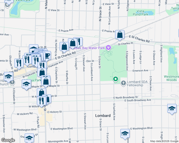 map of restaurants, bars, coffee shops, grocery stores, and more near 153 South Stewart Avenue in Lombard