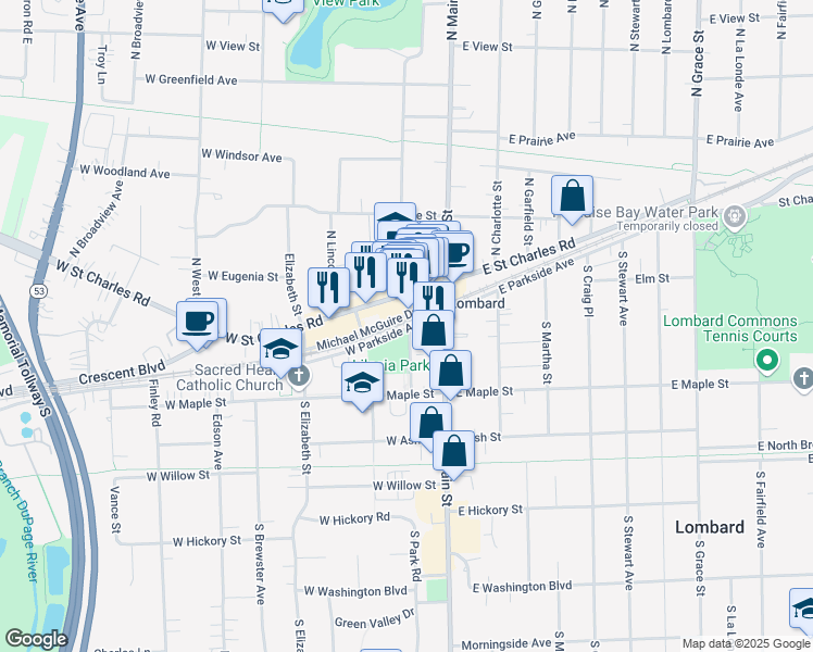 map of restaurants, bars, coffee shops, grocery stores, and more near 116 West Parkside Avenue in Lombard