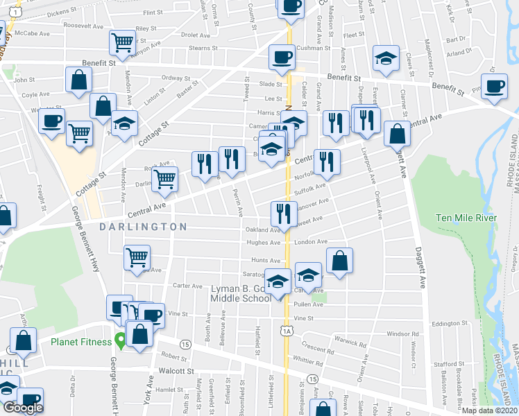 map of restaurants, bars, coffee shops, grocery stores, and more near 55 Downes Avenue in Pawtucket