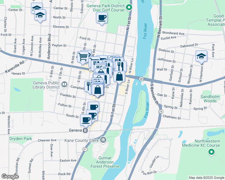 map of restaurants, bars, coffee shops, grocery stores, and more near 117 South 2nd Street in Geneva