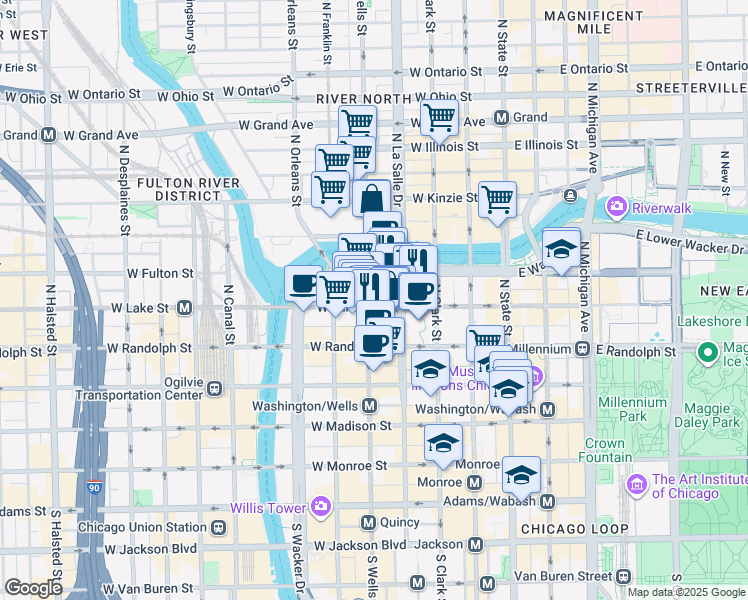 map of restaurants, bars, coffee shops, grocery stores, and more near 182 West Lake Street in Chicago