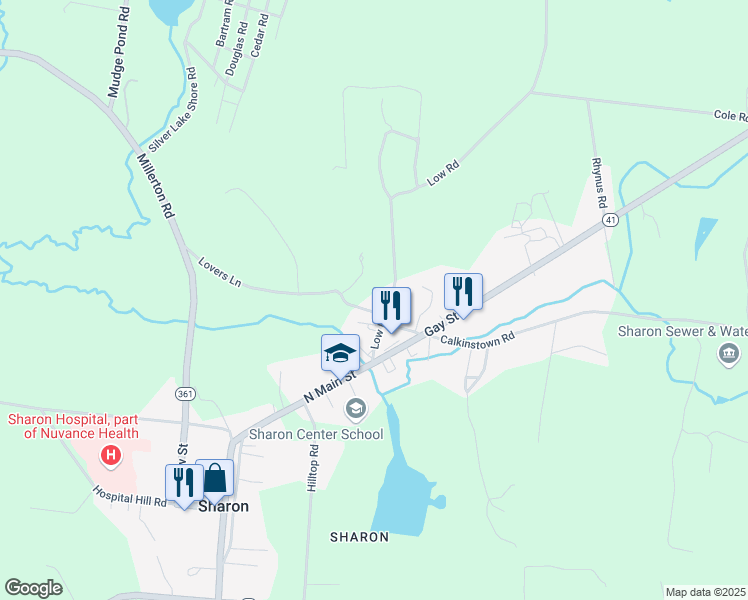 map of restaurants, bars, coffee shops, grocery stores, and more near 12 Lovers Lane in Sharon
