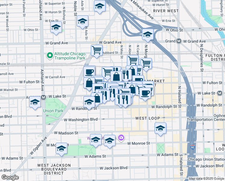 map of restaurants, bars, coffee shops, grocery stores, and more near 210 North Racine Avenue in Chicago