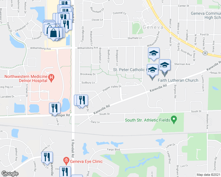 map of restaurants, bars, coffee shops, grocery stores, and more near 2132 Pepper Valley Drive in Geneva