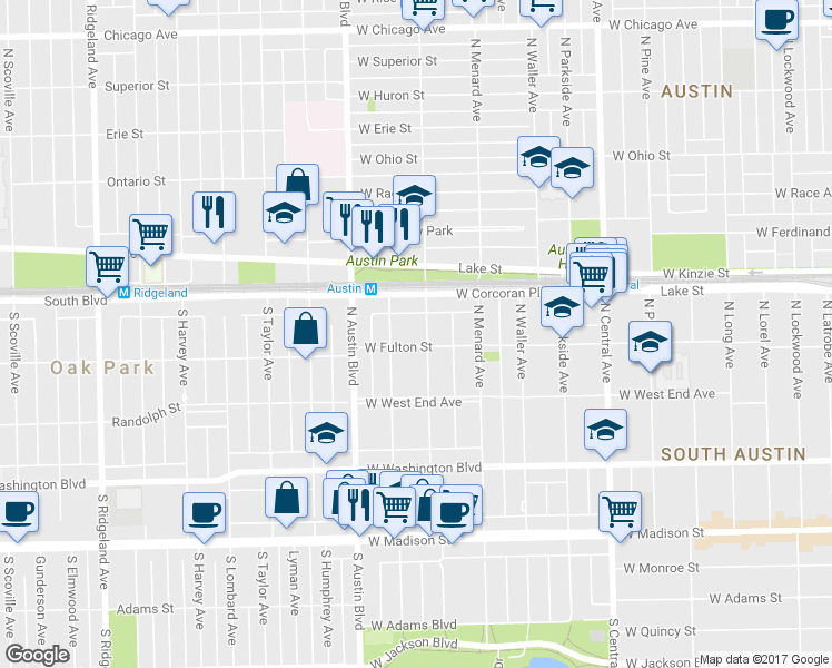 map of restaurants, bars, coffee shops, grocery stores, and more near 310 North Mayfield Avenue in Chicago