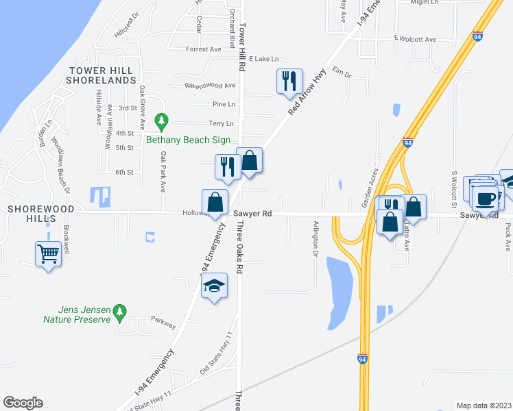 map of restaurants, bars, coffee shops, grocery stores, and more near 6457 Sawyer Road in Sawyer