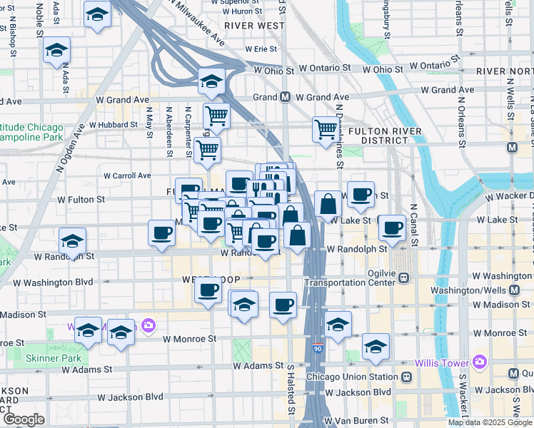 map of restaurants, bars, coffee shops, grocery stores, and more near 200 North Green Street in Chicago