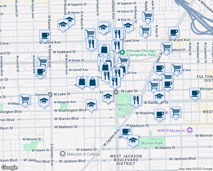 map of restaurants, bars, coffee shops, grocery stores, and more near 1635 West Walnut Street in Chicago