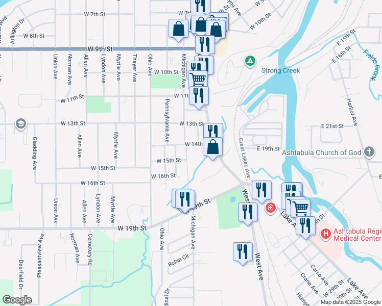 map of restaurants, bars, coffee shops, grocery stores, and more near 1420 Michigan Avenue in Ashtabula