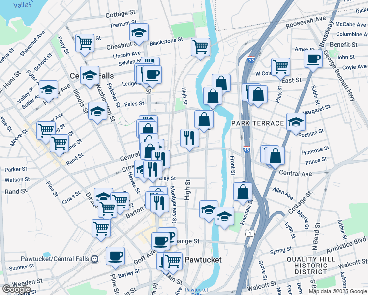 map of restaurants, bars, coffee shops, grocery stores, and more near 27 Cross Street in Central Falls