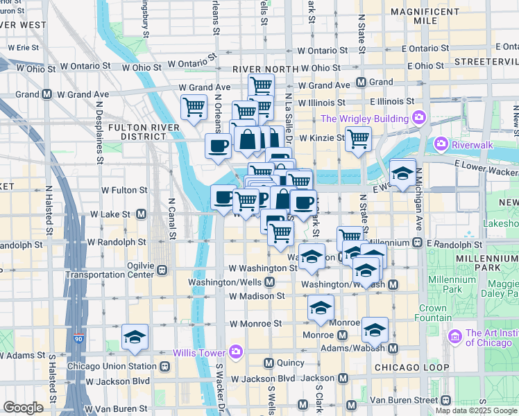 map of restaurants, bars, coffee shops, grocery stores, and more near 216 North Wells Street in Chicago