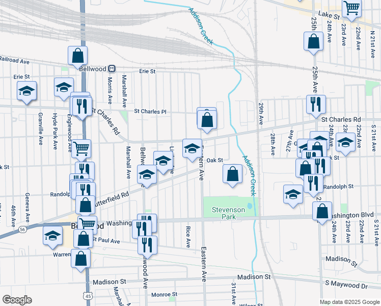 map of restaurants, bars, coffee shops, grocery stores, and more near 337 Rice Avenue in Bellwood