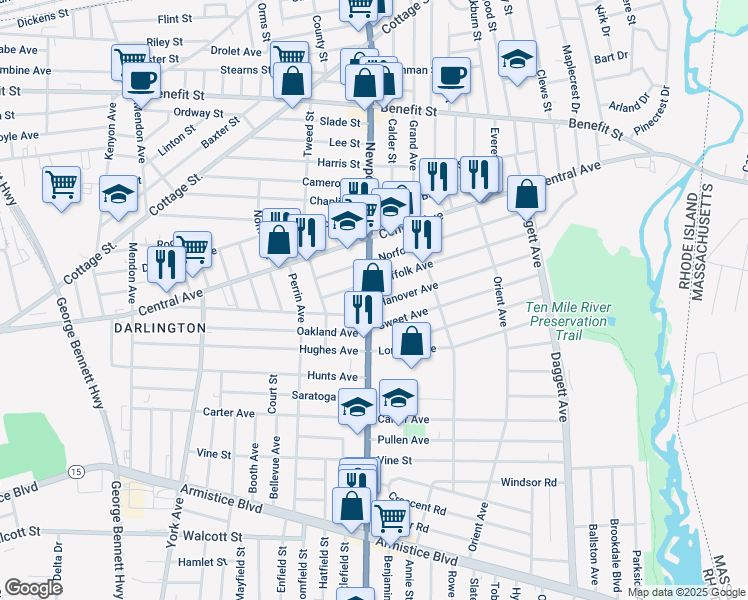 map of restaurants, bars, coffee shops, grocery stores, and more near 14 Hanover Avenue in Pawtucket