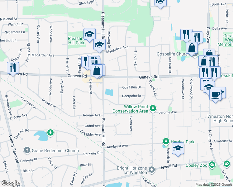 map of restaurants, bars, coffee shops, grocery stores, and more near N720 Waterbury Drive in Wheaton