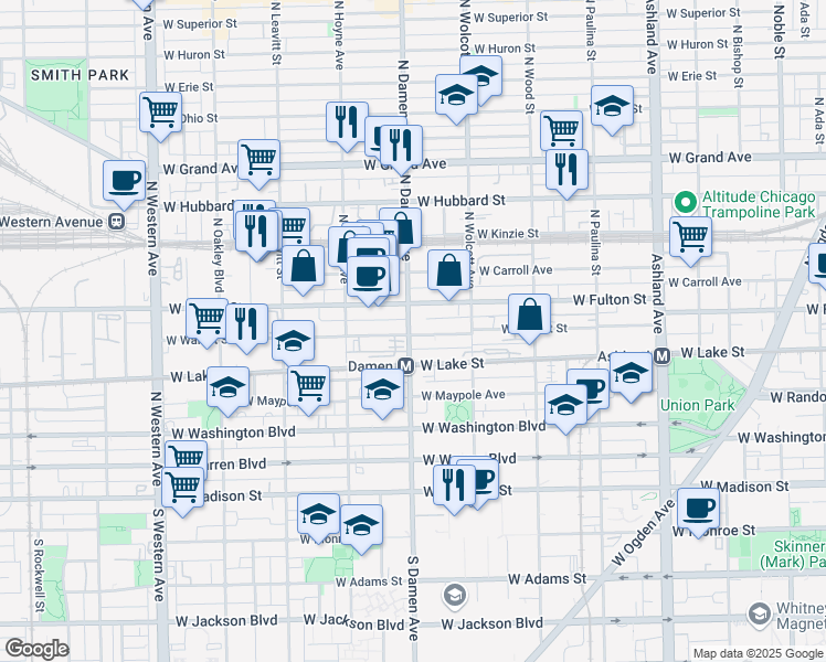 map of restaurants, bars, coffee shops, grocery stores, and more near 1958 West Walnut Street in Chicago