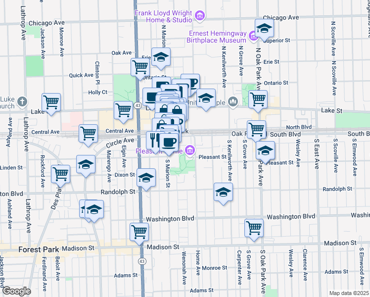 map of restaurants, bars, coffee shops, grocery stores, and more near 1018 Pleasant Street in Oak Park