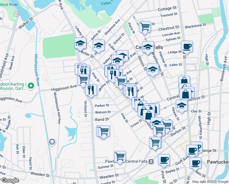 map of restaurants, bars, coffee shops, grocery stores, and more near 27 Earle St in Central Falls