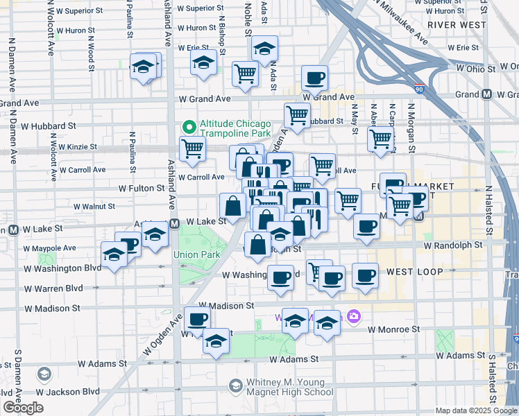 map of restaurants, bars, coffee shops, grocery stores, and more near 1370 W Lake St in Chicago