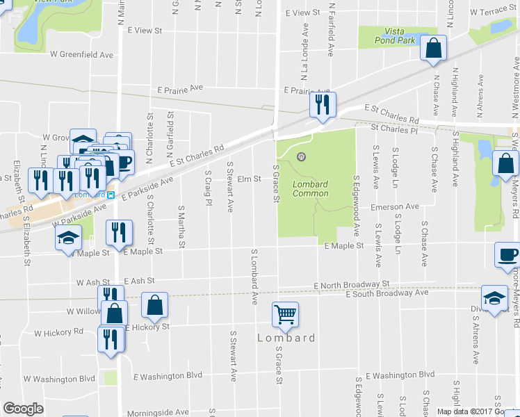 map of restaurants, bars, coffee shops, grocery stores, and more near 153 South Lombard Avenue in Lombard
